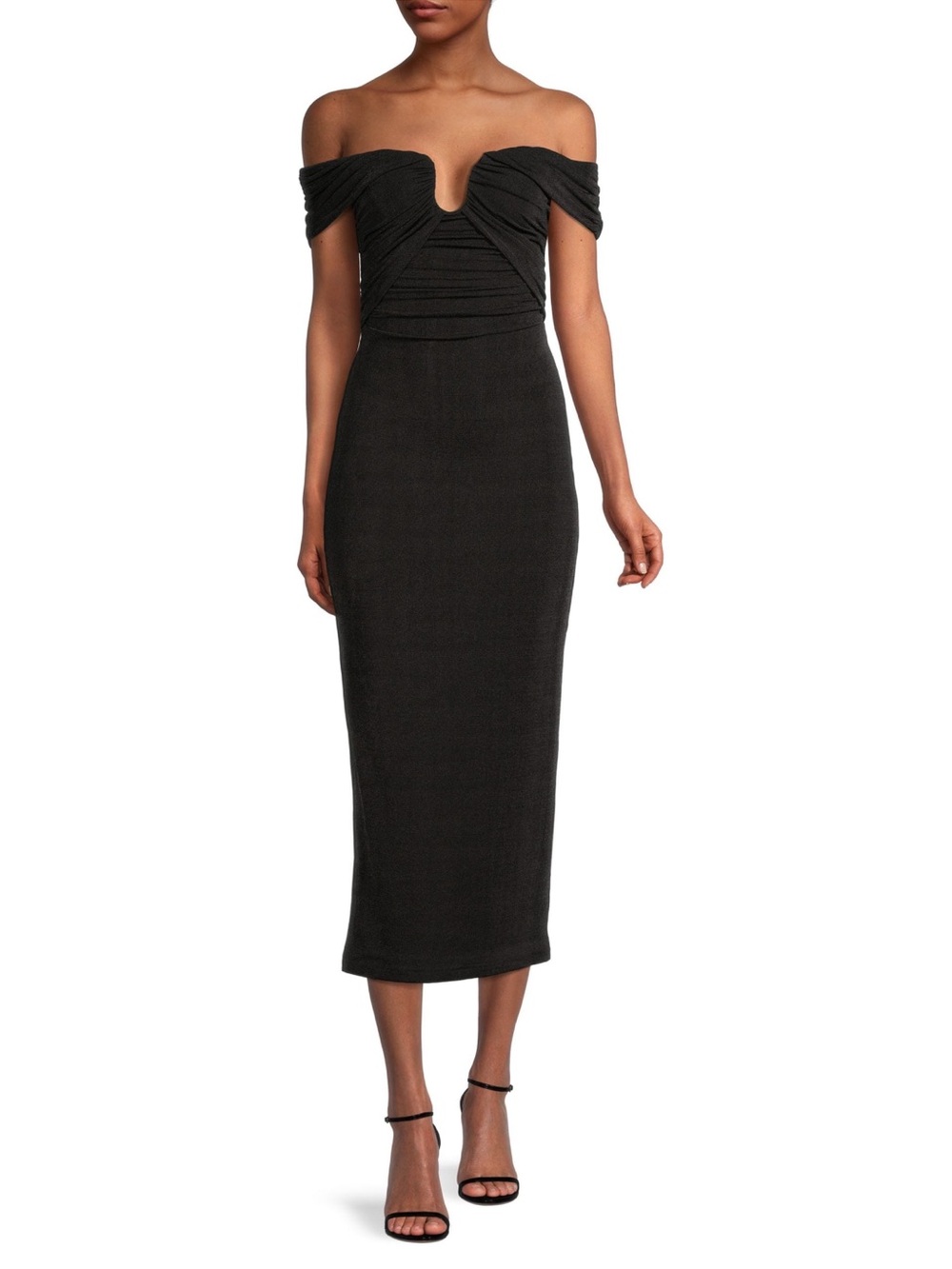 Misha Black Strapless Ruched Midi Dress